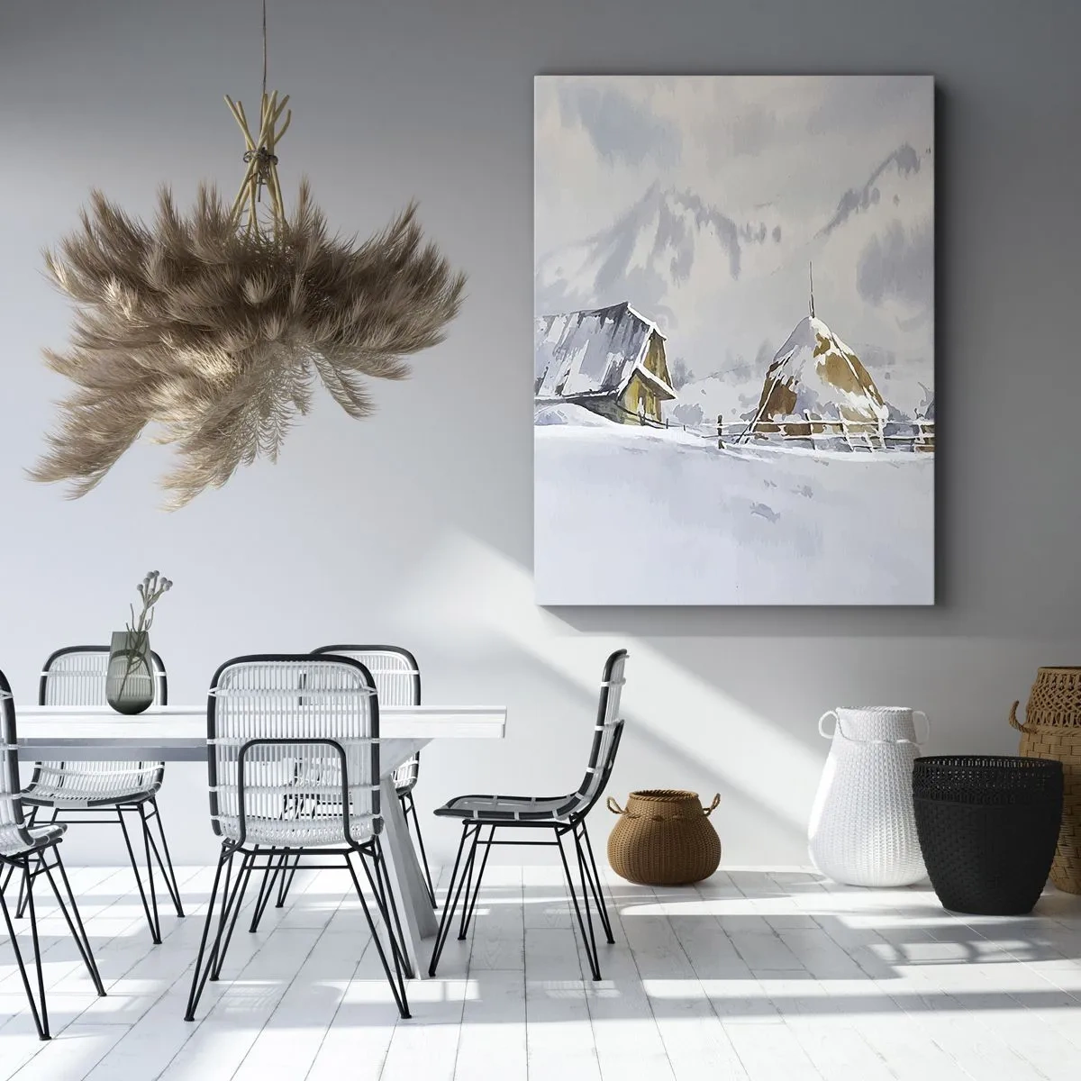 Cuadro sobre lienzo - Impresión de Imagen - Paisaje invernal con una cabaña y pajares en las montañas - 50x70cm - En un valle nevado - Decoración de pared moderna para salón y dormitorio ARTTOR