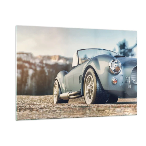 Cuadro sobre vidrio - Impresiones sobre Vidrio - Un coche deportivo con montañas al fondo. - 120x80cm - Porque el estilo importa - Decoración de pared moderna para salón y dormitorio ARTTOR