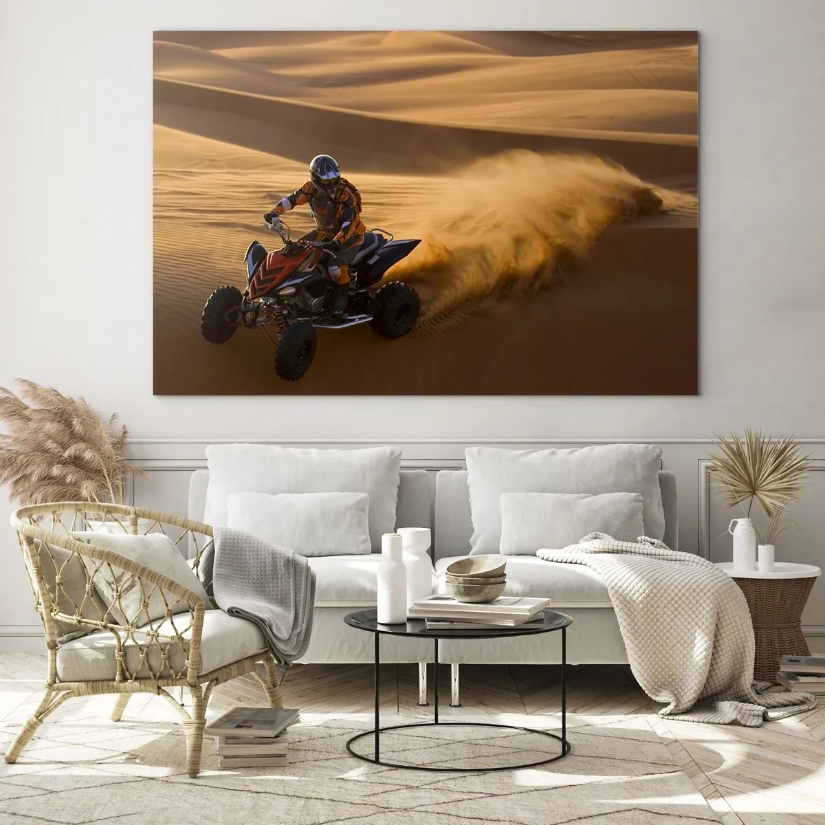 Cuadro sobre vidrio - Impresiones sobre Vidrio - ATV en acción en el desierto al atardecer - 120x80cm - Sobre las olas de la arena - Decoración de pared moderna para salón y dormitorio ARTTOR