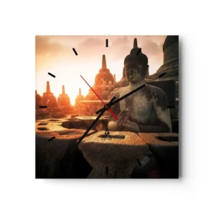 Reloj de pared - Reloj de vidrio - Estatua de Buda en el templo de Borobudur al atardecer - 30x30cm - Tiempo de gran sabiduría - Decoración de pared moderna para salón y dormitorio ARTTOR