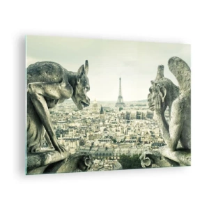 Cuadro sobre vidrio - Impresiones sobre Vidrio - Gárgolas sobre París con vistas a la Torre Eiffel - 70x50cm - Charlas parisinas - Decoración de pared moderna para salón y dormitorio ARTTOR
