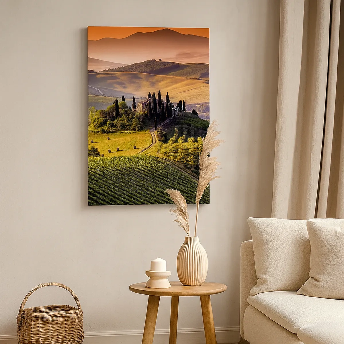 Cuadro sobre lienzo - Impresión de Imagen - Paisaje toscano con viñedos y una casa en una colina. - 50x70cm - Paisaje toscano - Decoración de pared moderna para salón y dormitorio ARTTOR
