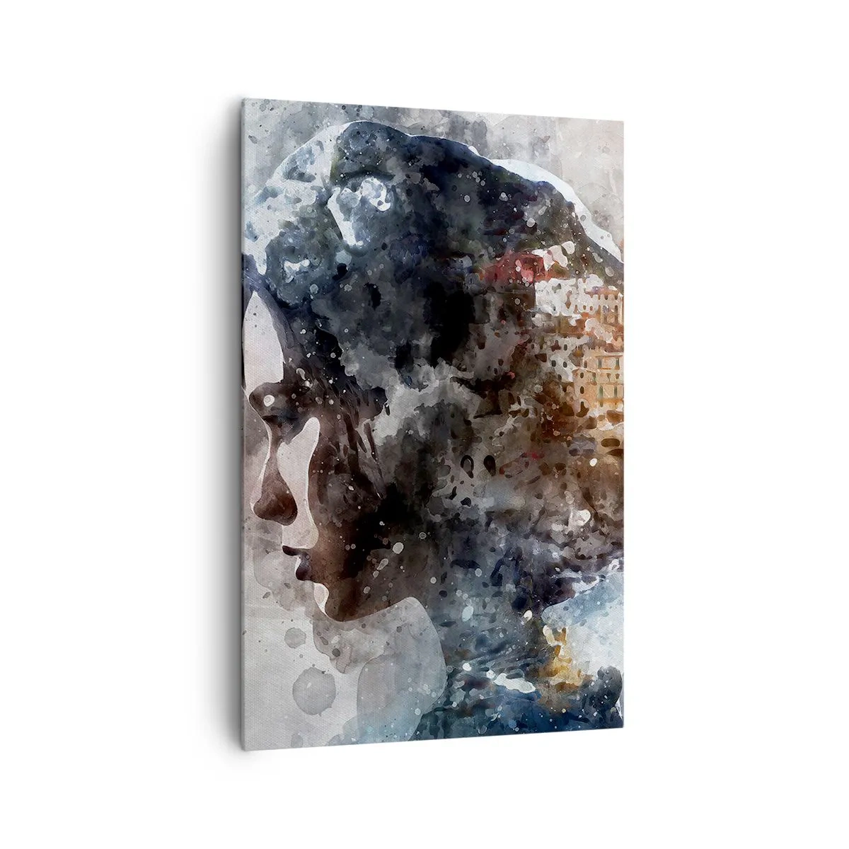 Cuadro sobre lienzo - Impresión de Imagen - Retrato de una mujer que combina su rostro con un paisaje urbano de fondo. - 80x120cm - Una historia sobre una niña con una ciudad de fondo - Decoración de pared moderna para salón y dormitorio ARTTOR