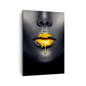 Cuadro sobre lienzo - Impresión de Imagen - Retrato en negro y dorado de una mujer con una gota de oro en los labios. - 50x70cm - Labios de oro - Decoración de pared moderna para salón y dormitorio ARTTOR