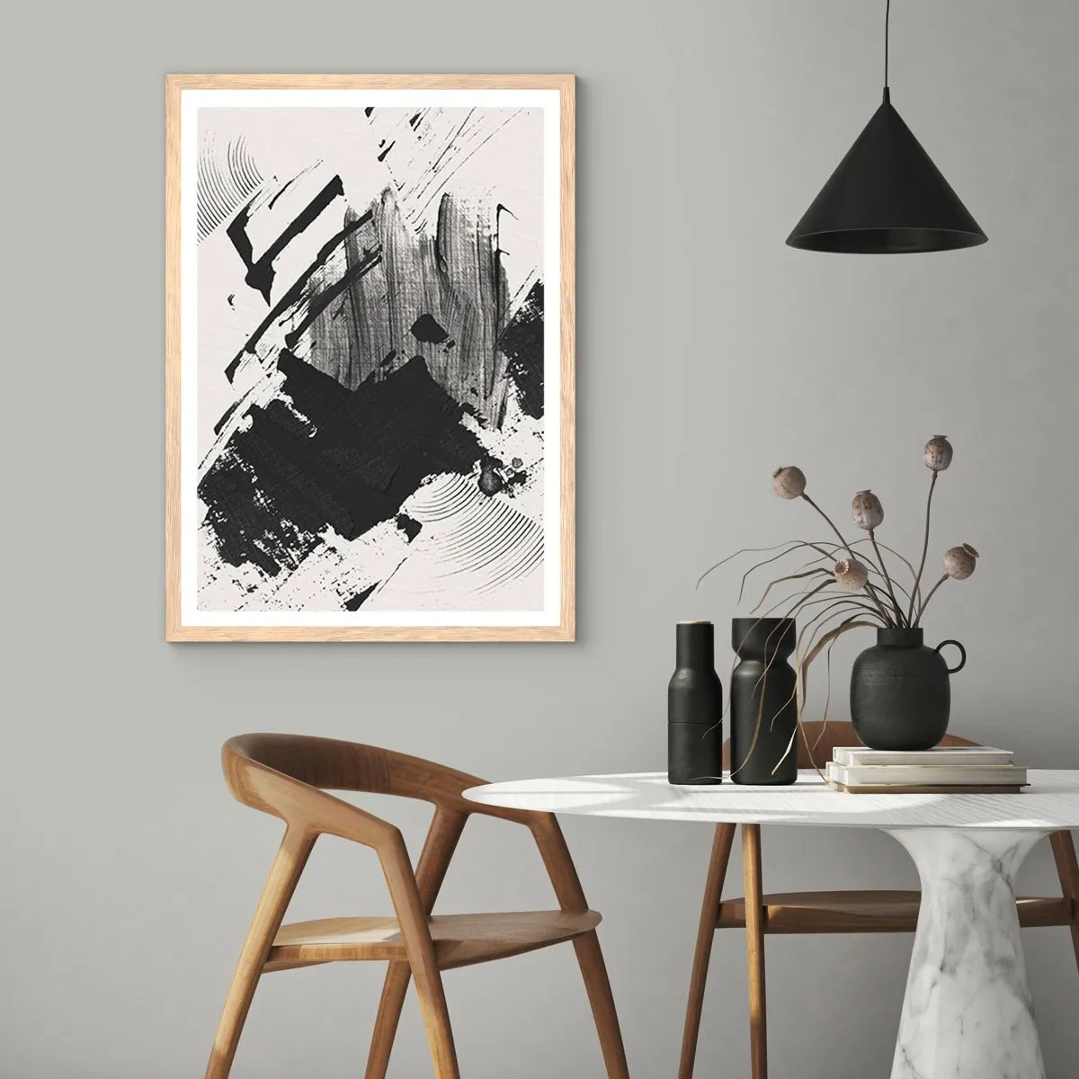 Póster en marco roble claro - Abstracción: la expresión del negro - 30x40 cm