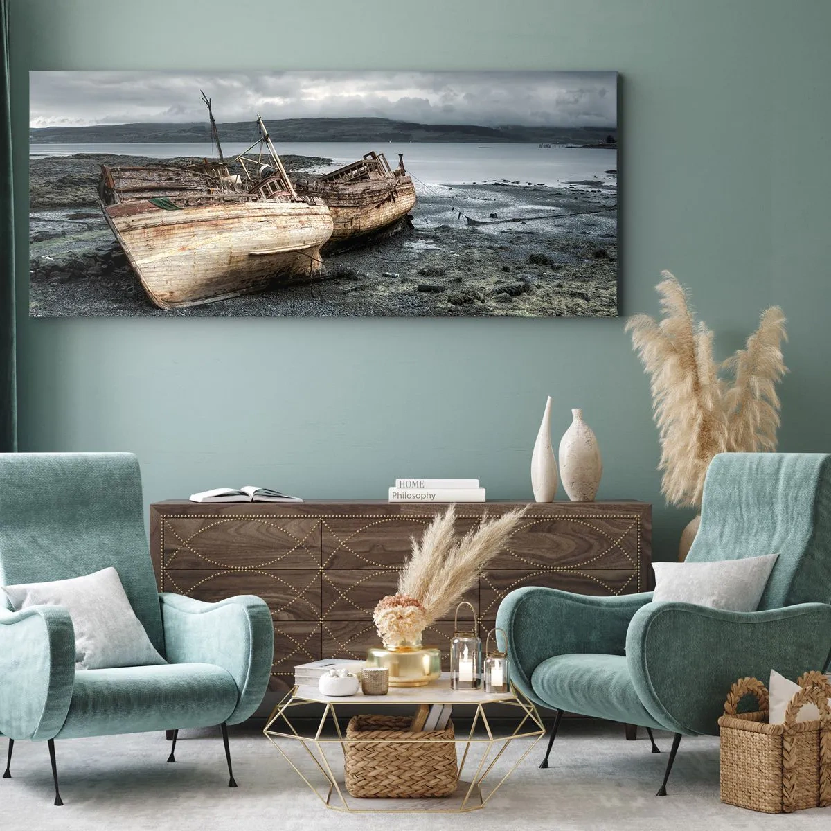 Cuadro sobre lienzo - Impresión de Imagen - Barcos abandonados en la orilla en una escena lluviosa - 160x50cm - Muestra de un trabajo dignamente realizado - Decoración de pared moderna para salón y dormitorio ARTTOR