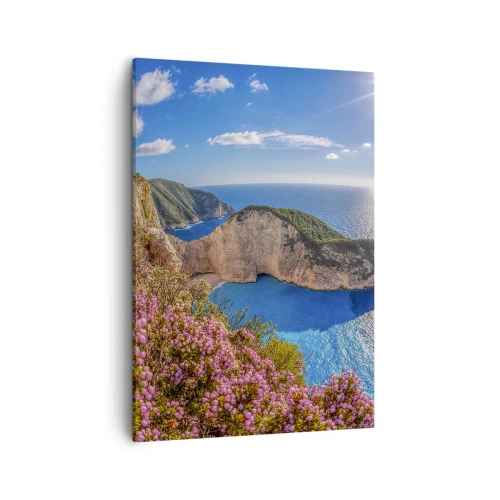 Cuadro sobre lienzo - Impresión de Imagen - Un acantilado con flores, un mar turquesa y un soleado paisaje griego. - 50x70cm - Mis grandes vacaciones en Grecia - Decoración de pared moderna para salón y dormitorio ARTTOR