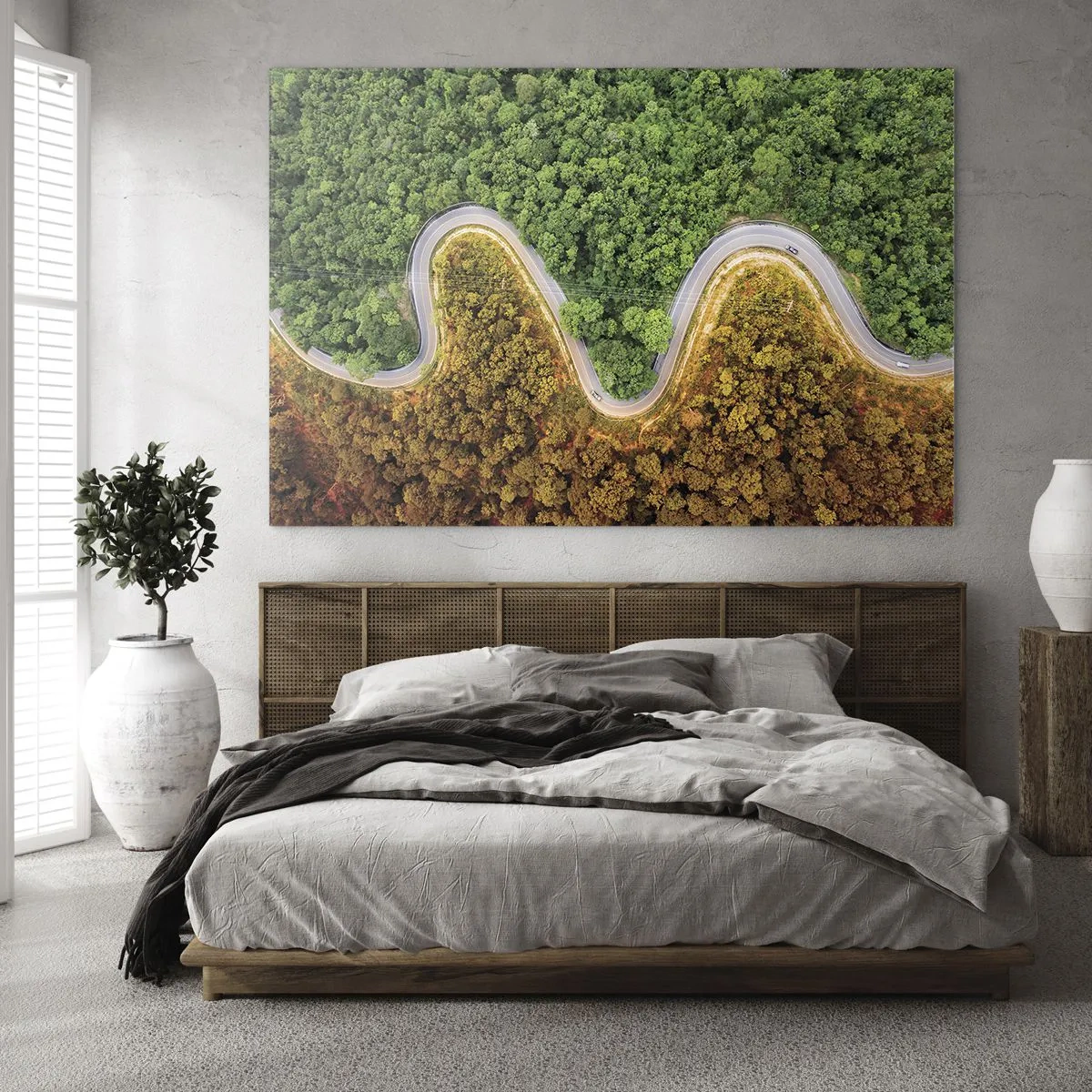 Cuadro sobre vidrio - Impresiones sobre Vidrio - Un camino sinuoso a través de un denso bosque visto a vista de pájaro. - 70x50cm - Frontera serpenteante - Decoración de pared moderna para salón y dormitorio ARTTOR