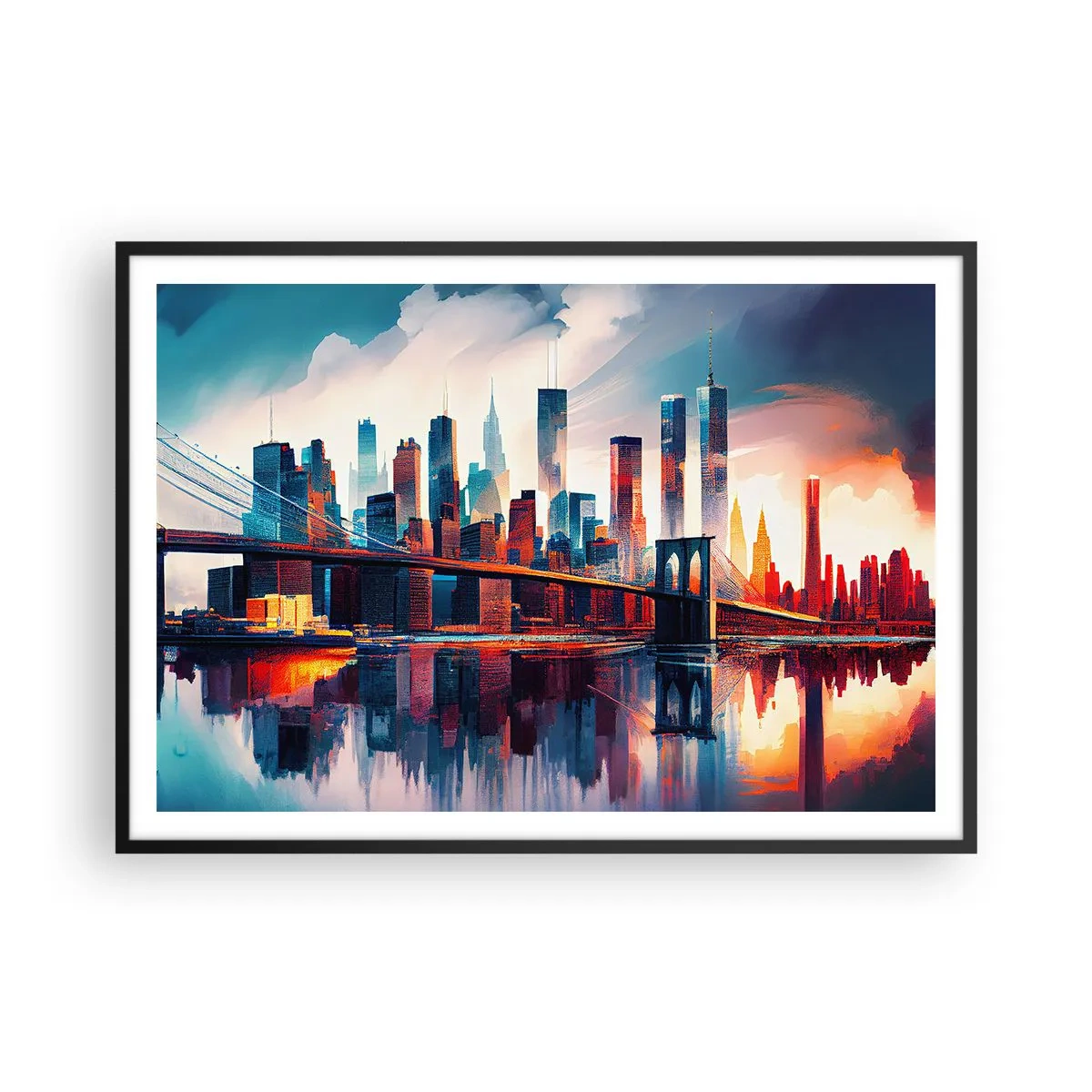 Póster en marco negro - Panorama de la ciudad de Nueva York con puente y reflejo en el agua - 100x70cm - Nueva York siempre luce - Decoración de pared moderna para salón y dormitorio ARTTOR