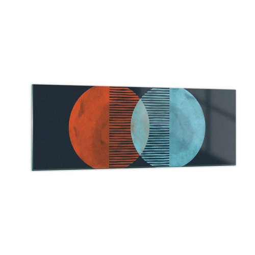 Cuadro sobre vidrio - Impresiones sobre Vidrio - Dos círculos naranjas y azules sobre un fondo oscuro. - 140x50cm - Fantasía astronómica - Decoración de pared moderna para salón y dormitorio ARTTOR
