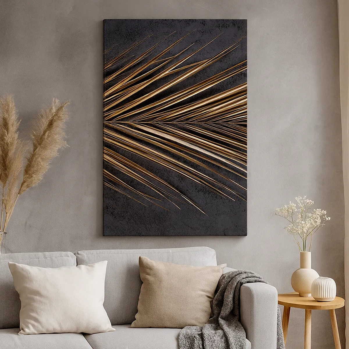 Cuadro sobre lienzo - Impresión de Imagen - Hoja tropical dorada sobre fondo negro - 50x70cm - El oro de los trópicos - Decoración de pared moderna para salón y dormitorio ARTTOR