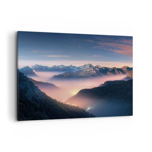 Cuadro sobre lienzo - Impresión de Imagen - Un paisaje de montaña con un valle lleno de niebla. - 100x70cm - Luz en los valles - Decoración de pared moderna para salón y dormitorio ARTTOR