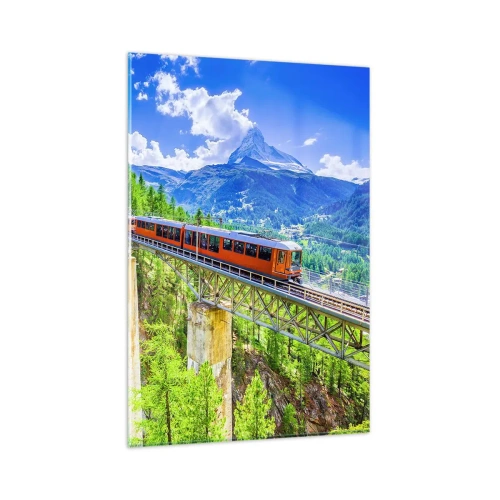 Cuadro sobre vidrio - Impresiones sobre Vidrio - Una montaña rusa en un puente con vistas a una cascada y montañas. - 80x120cm - Ferrocarril a los Alpes - Decoración de pared moderna para salón y dormitorio ARTTOR