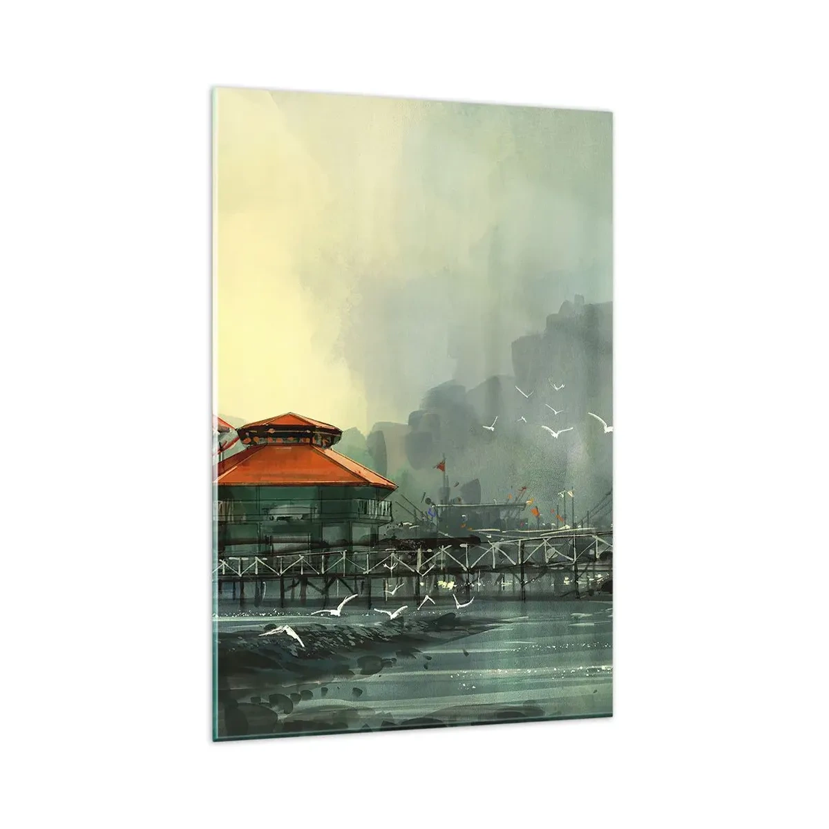 Cuadro sobre vidrio - Impresiones sobre Vidrio - Edificios portuarios en un paisaje lluvioso con gaviotas - 80x120cm - Un día soleado en el puerto - Decoración de pared moderna para salón y dormitorio ARTTOR