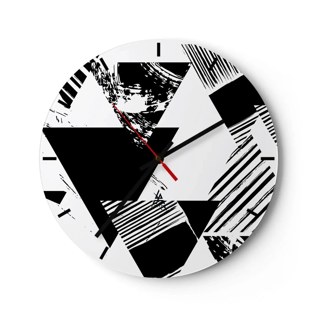 Reloj de pared - Reloj de vidrio - Composición geométrica en blanco y negro con triángulos. - 30x30cm - Una lluvia de triángulos - Decoración de pared moderna para salón, cocina y dormitorio ARTTOR