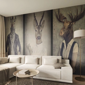 Fotomural Premium Sand - Personajes elegantes con cabezas de animales en estilo retro. - 100x70cm - Que los gestos hablen - Decoración de pared moderna para salón y dormitorio ARTTOR