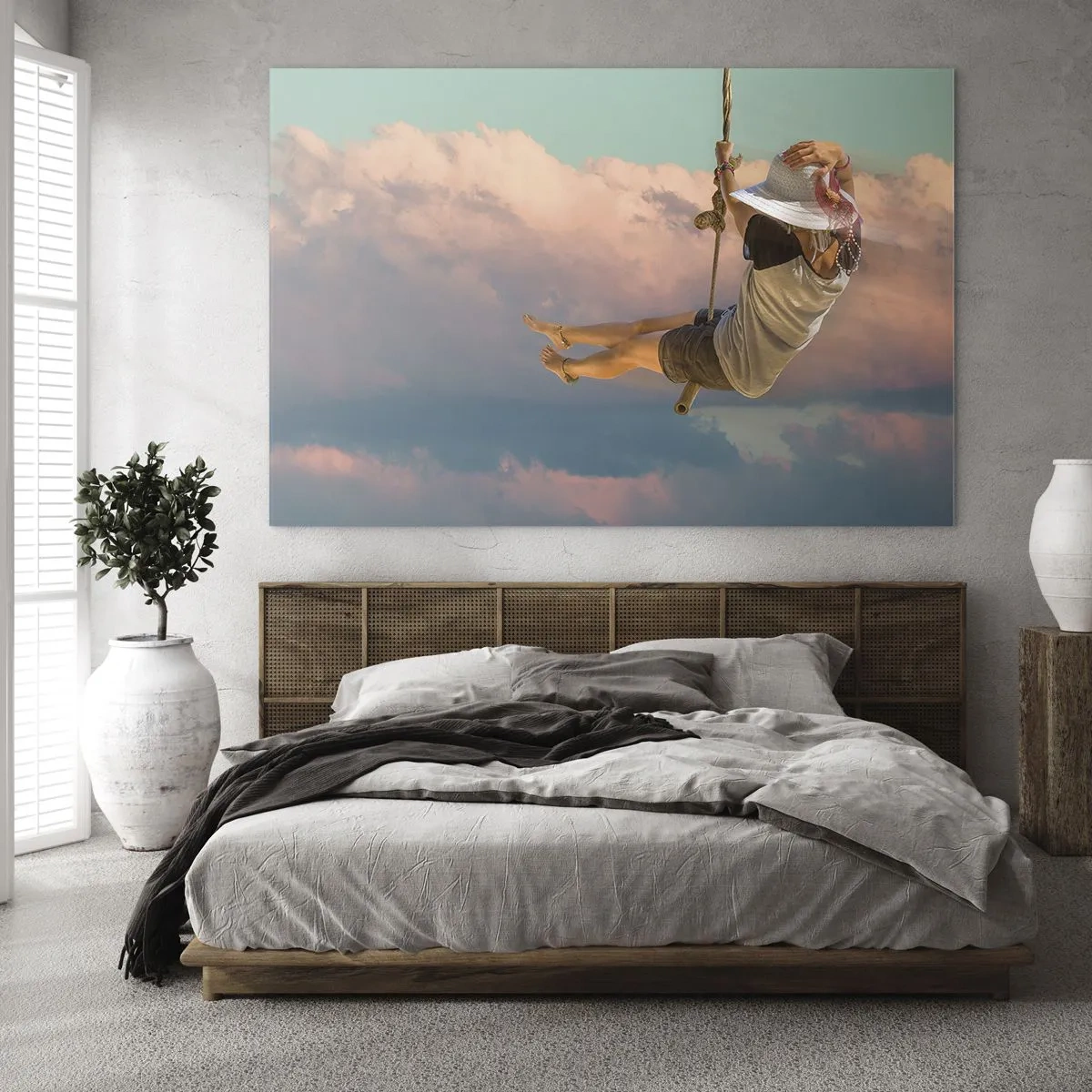 Cuadro sobre vidrio - Impresiones sobre Vidrio - Niña en un columpio entre nubes rosas - 70x50cm - Jugando en las nubes - Decoración de pared moderna para salón y dormitorio ARTTOR