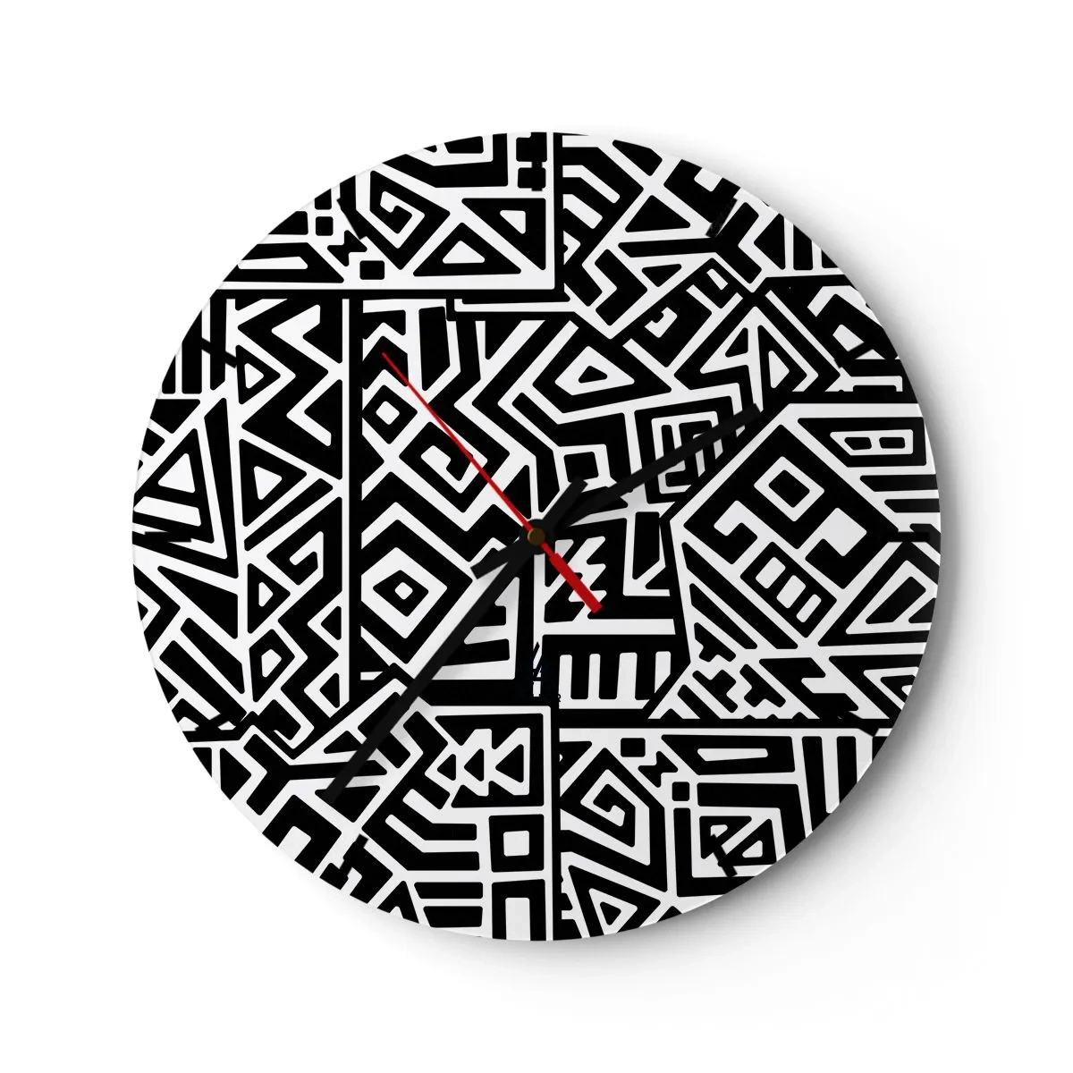 Reloj de pared - Reloj de vidrio - Composición en blanco y negro de patrones geométricos. - 30x30cm - Composición precolombina - Decoración de pared moderna para salón, cocina y dormitorio ARTTOR
