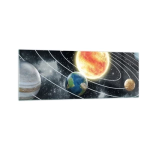Cuadro sobre vidrio - Impresiones sobre Vidrio - Sistema solar con planetas y sol en el espacio. - 140x50cm - Danza cósmica - Decoración de pared moderna para salón y dormitorio ARTTOR