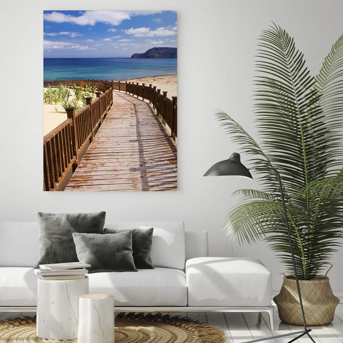 Cuadro sobre vidrio - Impresiones sobre Vidrio - Camino de madera en la playa que conduce al mar. - 50x70cm - Llévame a la isla de la felicidad - Decoración de pared moderna para salón y dormitorio ARTTOR
