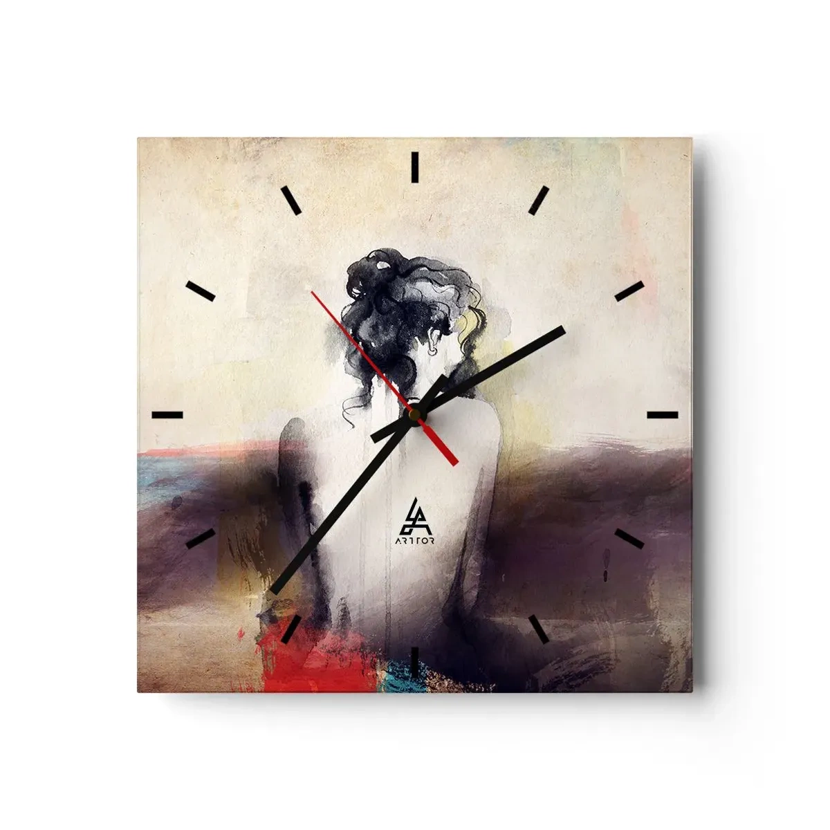 Reloj de pared - Reloj de vidrio - Un retrato sutil de una mujer en estilo artístico. - 30x30cm - Líneas suaves, formas ovaladas - Decoración de pared moderna para salón y dormitorio ARTTOR
