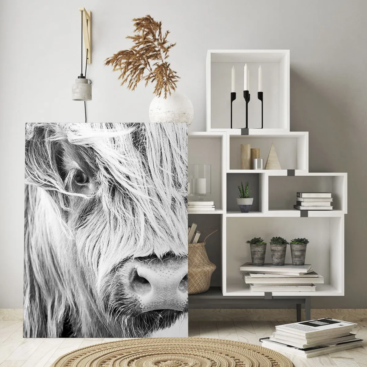 Cuadro sobre vidrio - Impresiones sobre Vidrio - Primer plano de un ganado escocés de pelo largo en blanco y negro - 50x70cm - La naturaleza escocesa - Decoración de pared moderna para salón y dormitorio ARTTOR