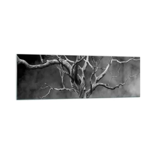 Cuadro sobre vidrio - Impresiones sobre Vidrio - Un árbol seco en blanco y negro contra la niebla. - 160x50cm - Primordial y sagrado - Decoración de pared moderna para salón y dormitorio ARTTOR