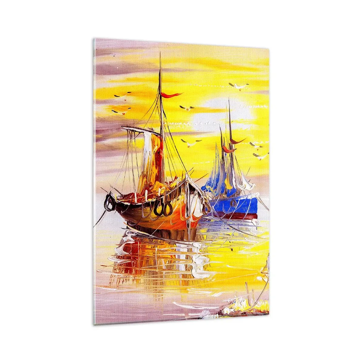 Cuadro sobre vidrio - Impresiones sobre Vidrio - Una escena pictórica de barcos en un mar en calma. - 80x120cm - Un merecido descanso en el puerto - Decoración de pared moderna para salón y dormitorio ARTTOR
