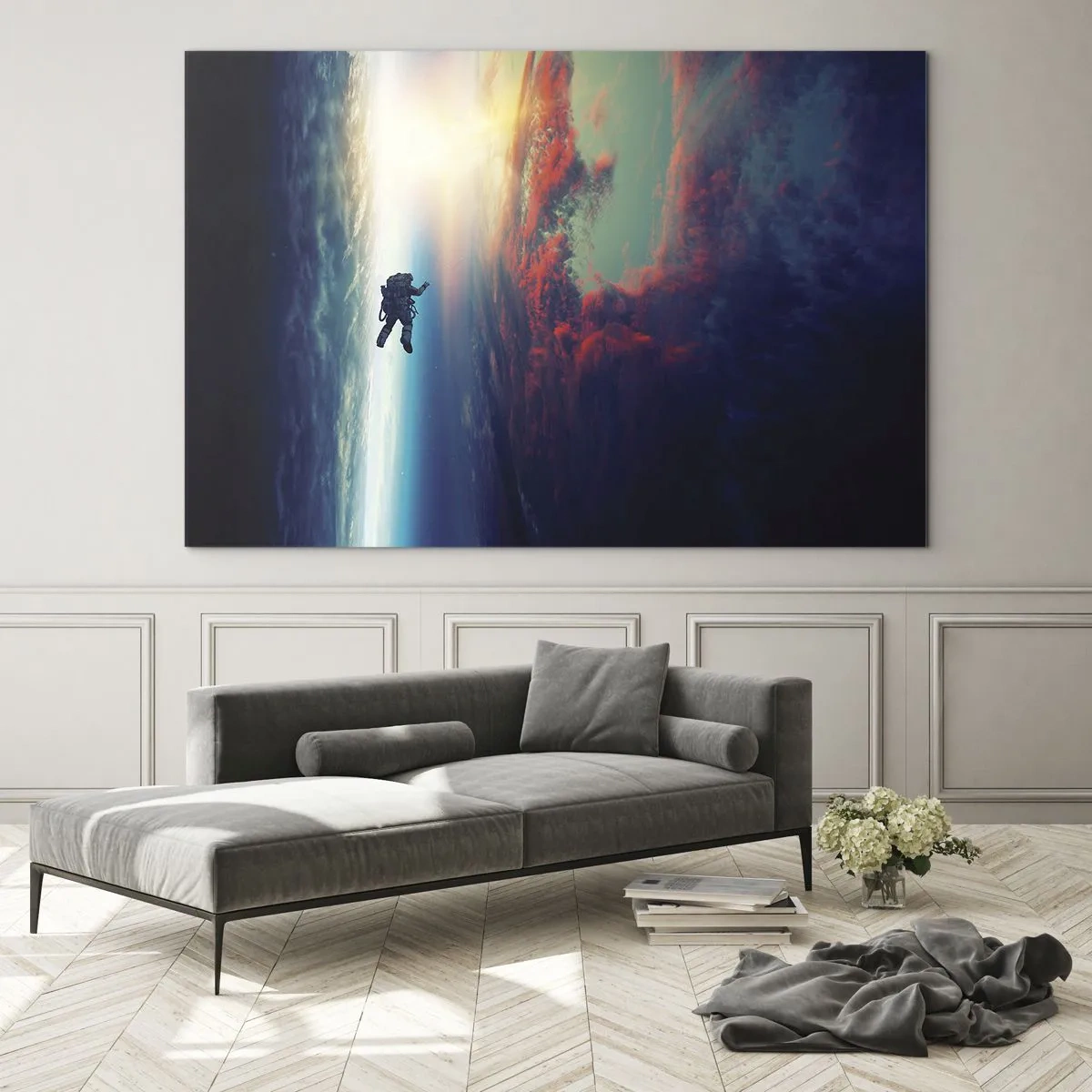 Cuadro sobre vidrio - Impresiones sobre Vidrio - Un astronauta flotando a través del espacio hacia la luz. - 120x80cm - Enfrentarse al universo - Decoración de pared moderna para salón y dormitorio ARTTOR