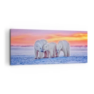 Cuadro sobre lienzo - Impresión de Imagen - Tres osos polares con el telón de fondo de una puesta de sol ártica. - 120x50cm - Todo lo que necesitas es el calor de la familia - Decoración de pared moderna para salón y dormitorio ARTTOR