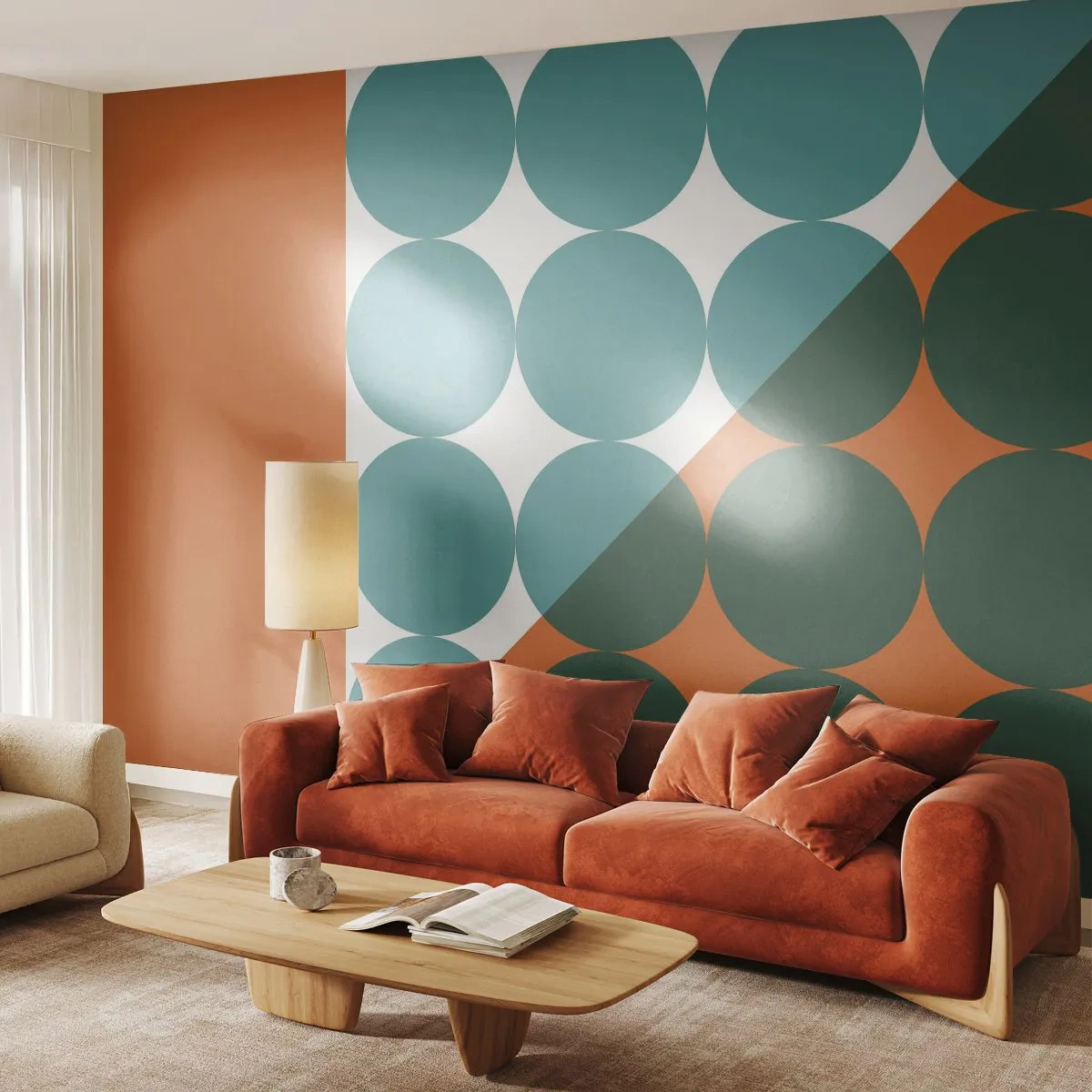 Fotomural Standard Eco - Composición geométrica con círculos en tonos verdes y naranjas. - 100x70cm - Hacia arriba y en diagonal - Decoración de pared moderna para salón y dormitorio ARTTOR