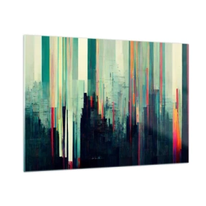Cuadro sobre vidrio - Impresiones sobre Vidrio - Las líneas de colores verticales forman el contorno de una metrópolis futurista. - 100x70cm - Ciudad futurista - Decoración de pared moderna para salón y dormitorio ARTTOR