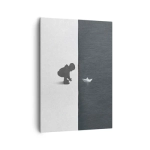 Cuadro sobre lienzo - Impresión de Imagen - Figura de un niño con un barquito de papel sobre un fondo de mitades contrastantes. - 50x70cm - Una gran expedición náutica - Decoración de pared moderna para salón y dormitorio ARTTOR