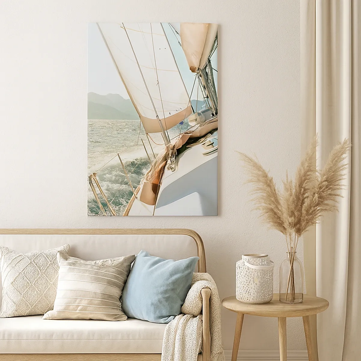 Cuadro sobre lienzo - Impresión de Imagen - Un yate en mar abierto con vistas a las montañas. - 50x70cm - A toda vela - Decoración de pared moderna para salón y dormitorio ARTTOR
