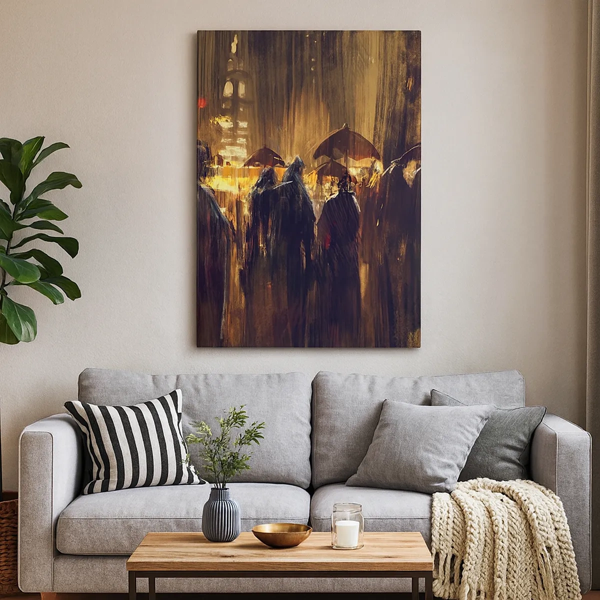 Cuadro sobre lienzo - Impresión de Imagen - Figuras con paraguas en una ciudad lluviosa por la noche - 50x70cm - Seguidores de la lluvia - Decoración de pared moderna para salón y dormitorio ARTTOR