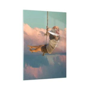Cuadro sobre vidrio - Impresiones sobre Vidrio - Mujer en un columpio entre nubes rosas - 70x100cm - Jugando en las nubes - Decoración de pared moderna para salón y dormitorio ARTTOR