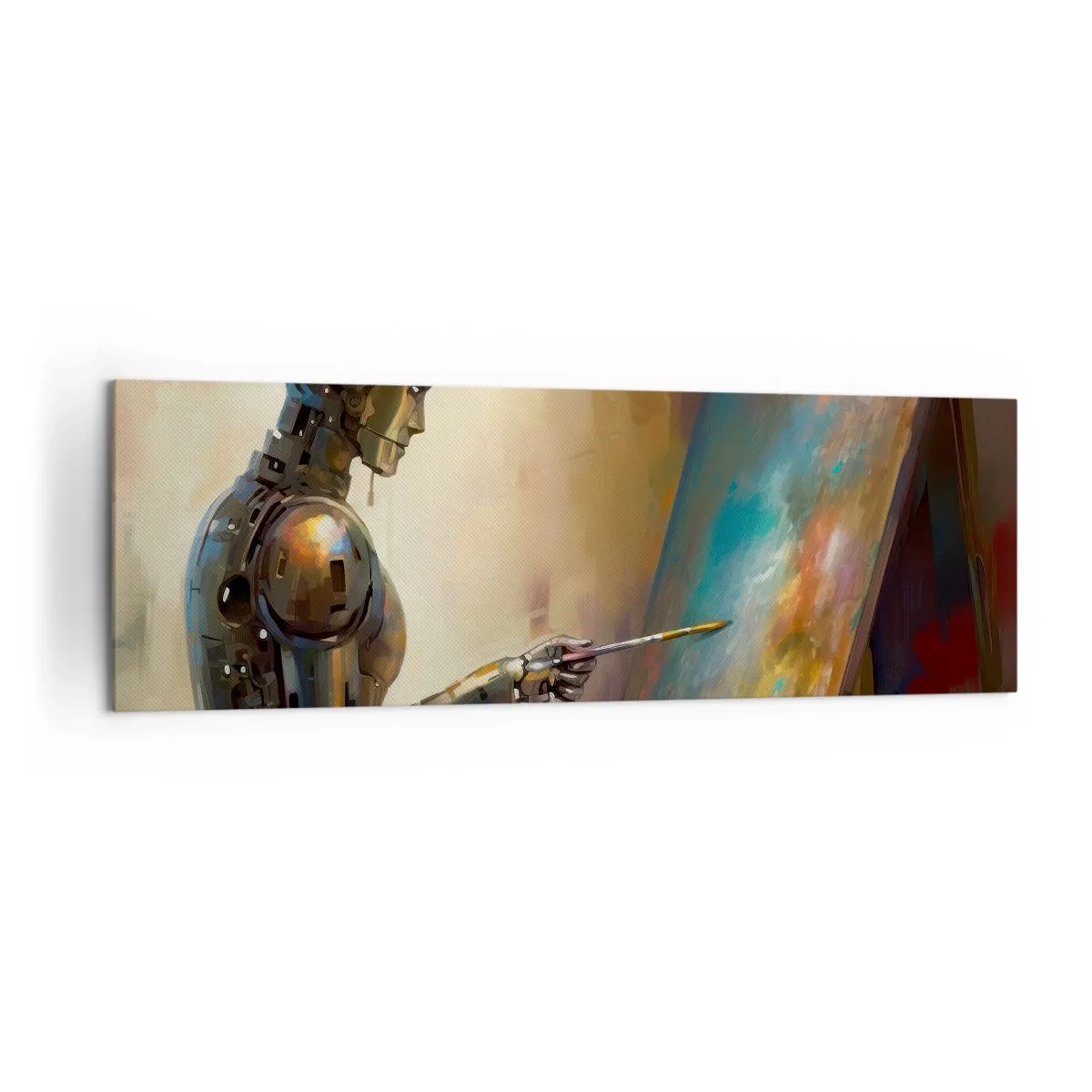Cuadro sobre lienzo - Impresión de Imagen - Un robot pintando sobre un lienzo con un estilo artístico. - 160x50cm - Arte del futuro - Decoración de pared moderna para salón y dormitorio ARTTOR