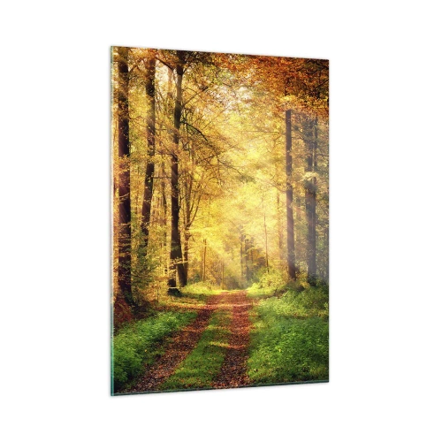 Cuadro sobre vidrio - Impresiones sobre Vidrio - Camino otoñal en el bosque con rayos de sol. - 50x70cm - Silencio dorado del bosque - Decoración de pared moderna para salón y dormitorio ARTTOR