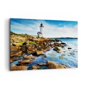 Cuadro sobre lienzo - Impresión de Imagen - Un faro en una costa rocosa en un día soleado. - 120x80cm - Esperando vuestro regreso - Decoración de pared moderna para salón y dormitorio ARTTOR