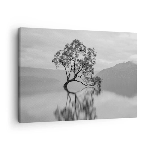 Cuadro sobre lienzo - Impresión de Imagen - Un árbol solitario reflejado en el agua con montañas al fondo. - 70x50cm - Existe tal lugar en el mundo - Decoración de pared moderna para salón y dormitorio ARTTOR