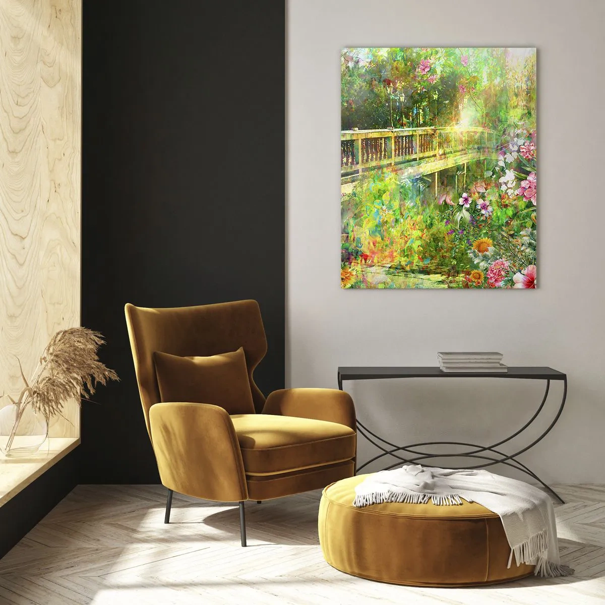 Cuadro sobre vidrio - Impresiones sobre Vidrio - Un puente rodeado de exuberante vegetación y flores. - 80x120cm - Un puente de suspiros de primavera - Decoración de pared moderna para salón y dormitorio ARTTOR