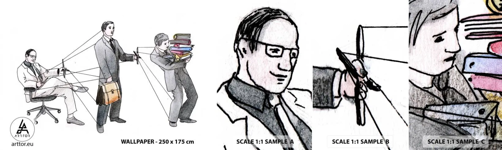 Muestra de fotomural autoadhesivo Deluxe Sticker - Cada cual tiene su señor - Abstracción, Hombre, Trabajar - 100x30 cm