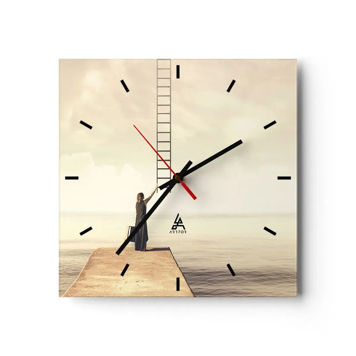 Reloj de pared - Reloj de vidrio - Una mujer parada en un muelle con una escalera que conduce al cielo. - 30x30cm - Un viaje mágico - Decoración de pared moderna para salón y dormitorio ARTTOR