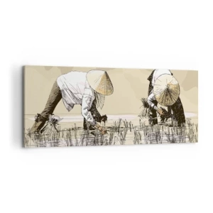Cuadro sobre lienzo - Impresión de Imagen - Agricultores trabajando en un campo de arroz con sombreros tradicionales - 120x50cm - De una cosecha exitosa - Decoración de pared moderna para salón y dormitorio ARTTOR