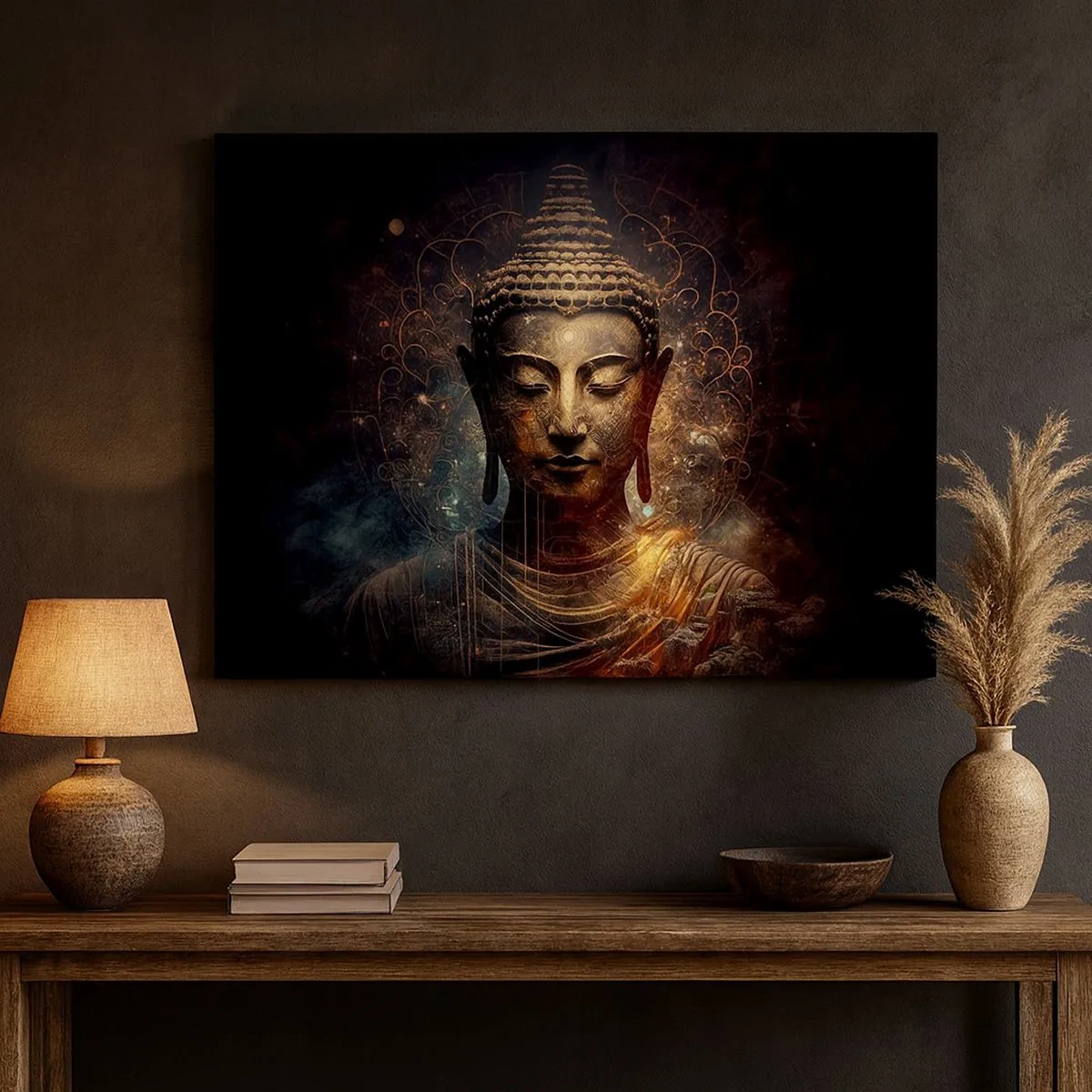 Cuadro sobre lienzo - Impresión de Imagen - Buda dorado sobre un fondo oscuro con adornos. - 70x50cm - Equilibrio espiritual - Decoración de pared moderna para salón y dormitorio ARTTOR