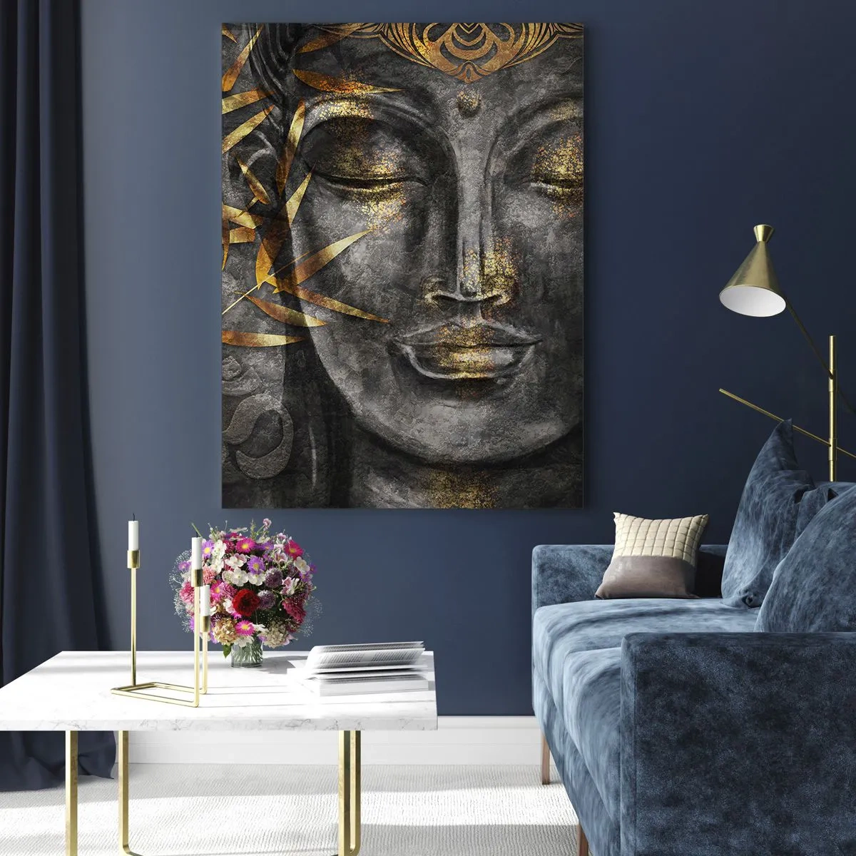 Cuadro sobre vidrio - Impresiones sobre Vidrio - Imagen de Buda zen con bambúes dorados - 80x120cm - Siente la paz - Decoración de pared moderna para salón y dormitorio ARTTOR