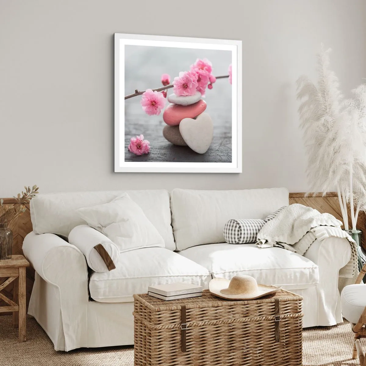 Póster en marco blanco - Felicidad con la flor del cerezo - 50x50 cm