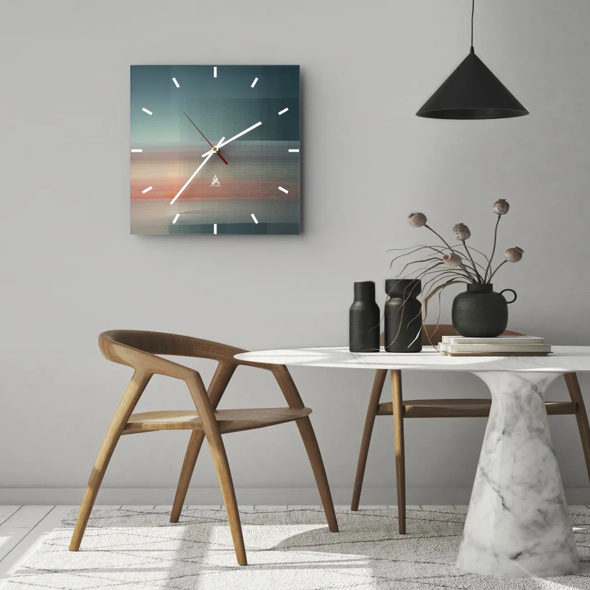 Reloj de pared - Reloj de vidrio - Una puesta de sol en tonos pastel sobre un horizonte tranquilo. - 30x30cm - Abstracción: ondas de luz - Decoración de pared moderna para salón y dormitorio ARTTOR