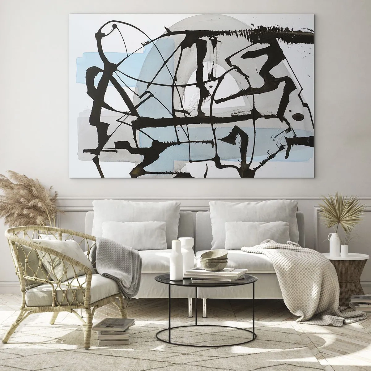 Cuadro sobre vidrio - Impresiones sobre Vidrio - Composición abstracta con un boceto negro y manchas azules. - 70x50cm - Azul a pesar de todo - Decoración de pared moderna para salón y dormitorio ARTTOR