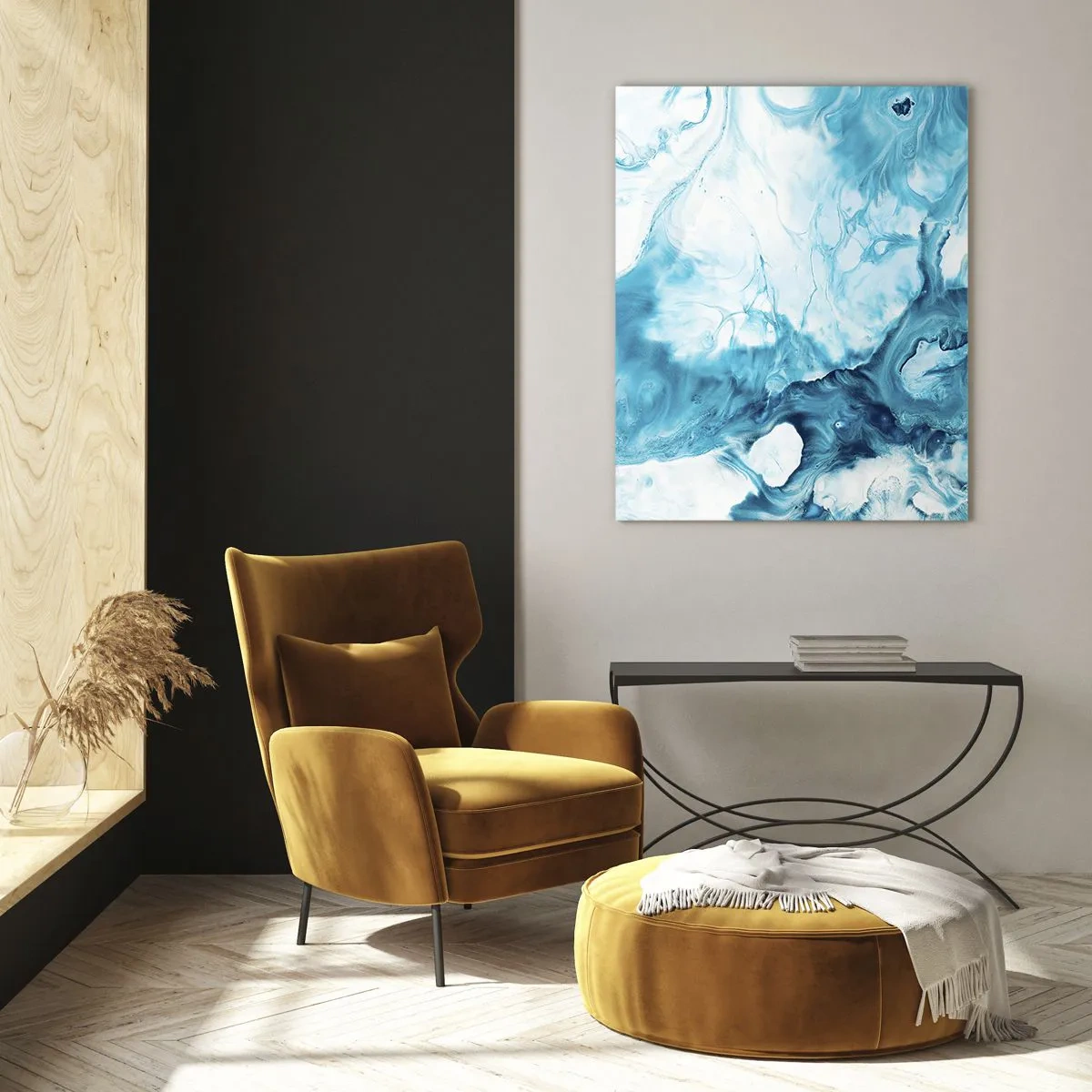 Cuadro sobre vidrio - Impresiones sobre Vidrio - Composición abstracta en tonos azules y blancos. - 50x70cm - Un concierto azul - Decoración de pared moderna para salón y dormitorio ARTTOR